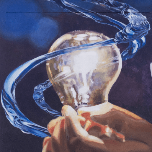 Artistic mural of a hand holding a glowing light bulb surrounded by swirling blue energy, symbolizing creativity, innovation, and bright ideas